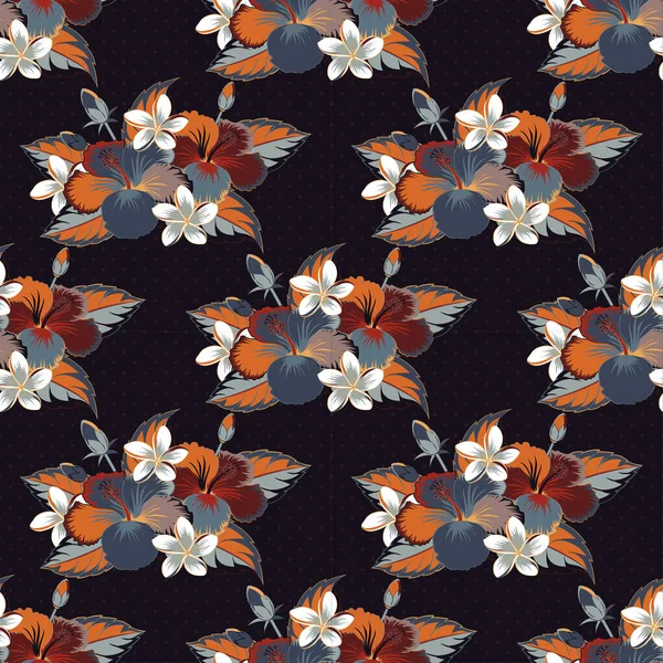 Illustratie Met Veel Oranje Grijze Blauwe Hibiscus Bloemen Trendy Naadloze — Stockvector