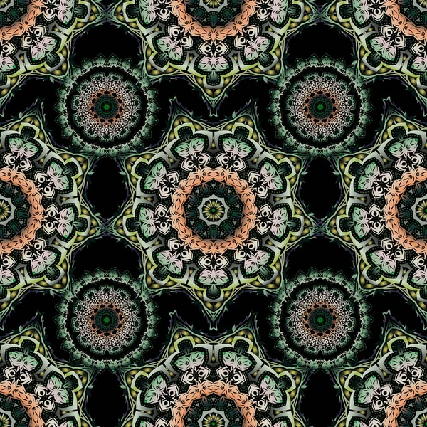 カーペット 壁紙や任意の表面のためのテンプレート 東洋の花飾り 黒の背景に緑 グレー ベージュの装飾のベクトルシームレスパターン — ストックベクタ