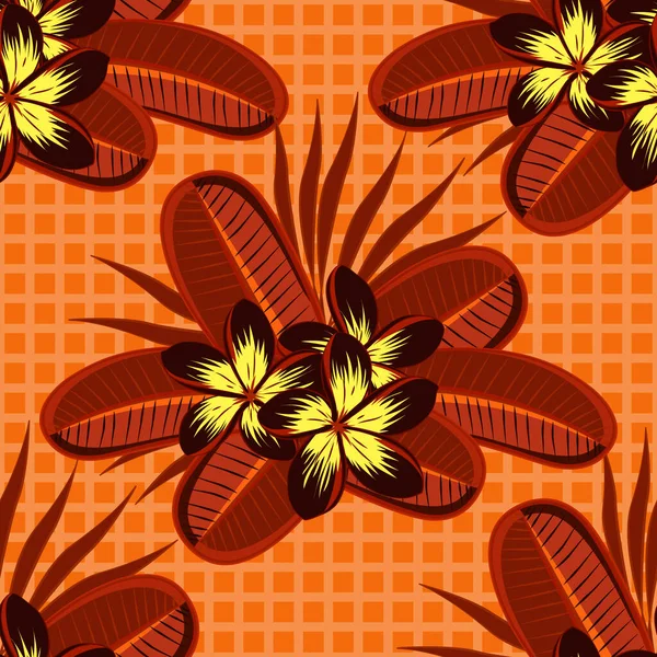 Trendy Print Ditsy Plumeria Flowers Brown Orange Red Colors Beautiful — Stock Vector