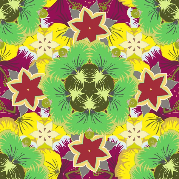 Ilustracja Wektora Bezszwowy Wzór Kwiatowy Fioletowych Zielonych Żółtych Kolorach Kwiatami — Wektor stockowy