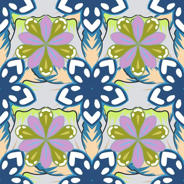 Small flowers seamless pattern in white, blue and gray colors. Multicolored branches with flowers.