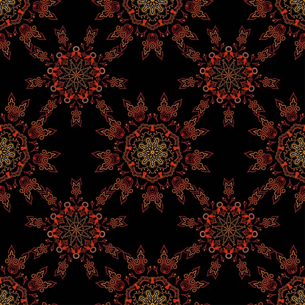 Ornament Galben Roșu Maro Fundal Negru Modelul Floral Fără Sudură — Vector de stoc