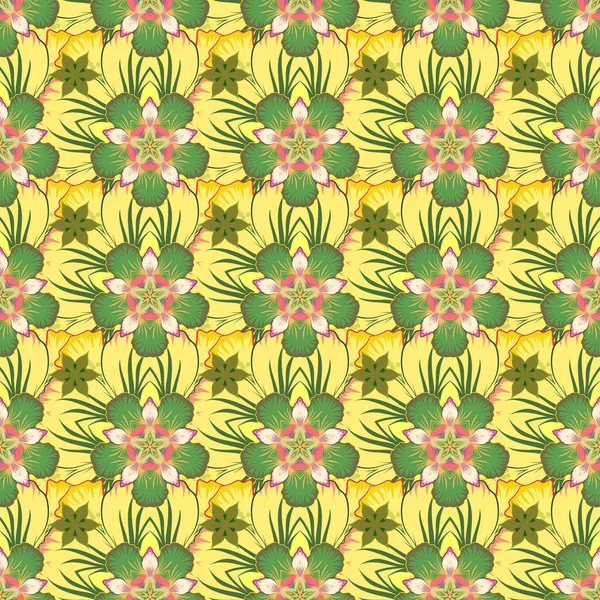 ベージュ イエロー グリーンのシームレスな花柄 ラスターイラスト — ストックベクタ