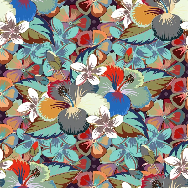 Vector Seamless Floral Pattern Hibiscus Flowers Leaves Brown Gray Blue — Stock Vector