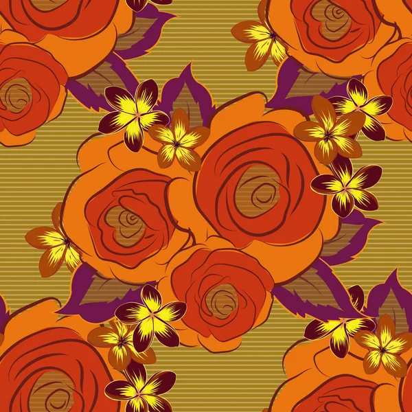 Background Red Orange Brown Painted Roses Vector Floral Seamless Pattern — Stock Vector
