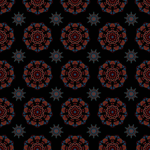 Фон растровых снежинок. Снежинка бесшовная. Снежинки. Плоский дизайн оранжевый, синий и красный снежинки изолированы на черном фоне
.