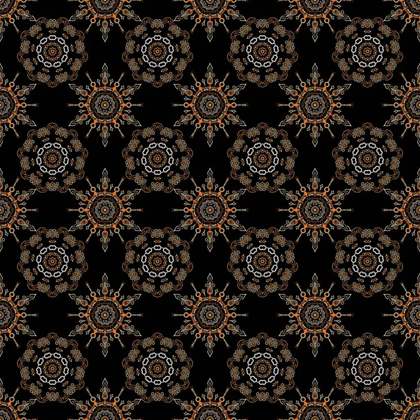 Ikat Damask Seamless Pattern Background Tile Black Background Brown Colors — Stock Vector