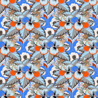 Sevimli çiçeksiz desen. Yatak çarşafları, ceket, paket tasarımı, kumaş ve moda kavramları için tekstil baskısı. Gri, mavi ve turuncu amber deseni. Egzotik vektörsüz desenli çiçek tasarımı.