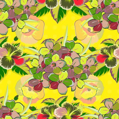 Şirin vektör çiçekli arka plan. Primula çiçekleri yeşil, sarı ve bej renkleriyle kusursuz desen.