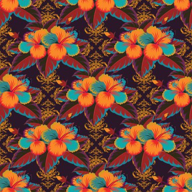 Basit amber çiçeklerinin siyah, turuncu ve kahverengi süslemeleri, tasarım ve tekstil için soyut, pürüzsüz desenli vektör.