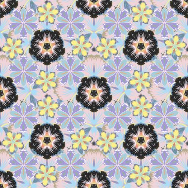 Vektör çizimi. Sarı, gri ve mavi renkli çiçek motifleri ile soyut zarafet deseni.