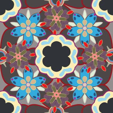 Geometrik yaprak süsü. Grafiksel modern model. Güzel vektör arkaplanı. Kahverengi, mavi ve gri renklerde kusursuz soyut çiçek deseni.