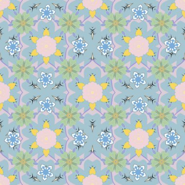 Sarı, gri ve mavi renkli biçimlendirilmiş çiçeklerle kusursuz çiçek deseni. Vektör illüstrasyonu.