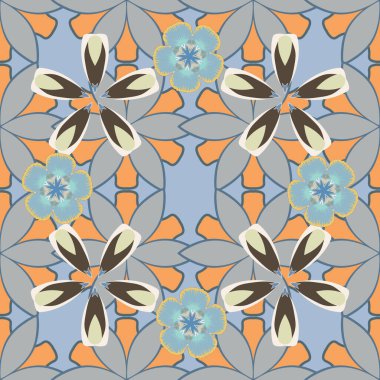 Kusursuz desenli mavi, gri ve sarı renkli küçük çiçekler. Küçük, soyut çiçeklerdeki sevimli çiçek desenleri..