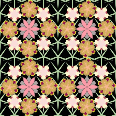 Siyah, bej ve sarı renklerde kusursuz çiçek seramikleri. Vektör vintage süsü.