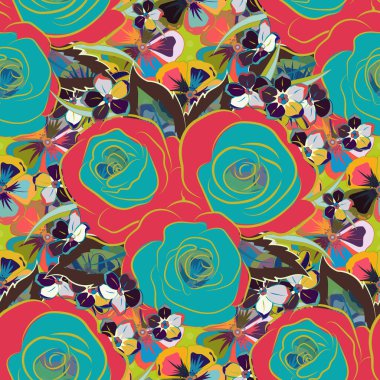 Vektörsüz çiçek deseni. Küçük gül çiçeklerinde hoş, pürüzsüz bir desen. Küçük sarı, mavi ve pembe gül çiçekleri.