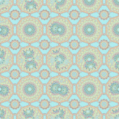 Tarafsız bir arka planda çok renkli elementlere sahip kusursuz bir desen. Doğu tarzında çok renkli bir vektör süsü. Metin, davetiye kartları, çeşitli yazdırma sürümleri için tasarım.