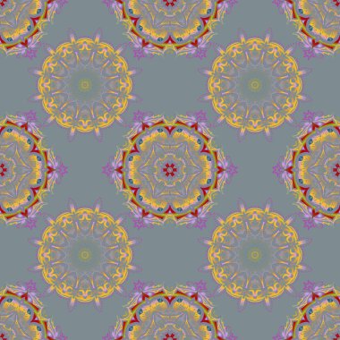 Mor ve sarı soyut süs, soyut dekoratif elementlerin vektörsüz deseni.