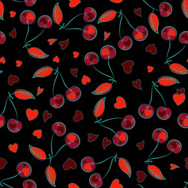 Vektör çizimi. Kırmızı, mavi ve yeşil renklerle güzel bir kiraz. Biçimlendirilmiş kirazsız desen.