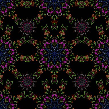 Kar yağan vektör çizimi. Kar taneleri, siyah arka planda yeşil ve kahverengi renkte kar yağışı. Tasarım.