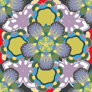 Arabesk. Kesişen kıvrımlı zarif stilize yapraklar ve parşömenler soyut bir çiçek süsü oluşturuyorlar. Klasik soyut vektör çiçek deseni yeşil, kahverengi ve mavi renklerde..