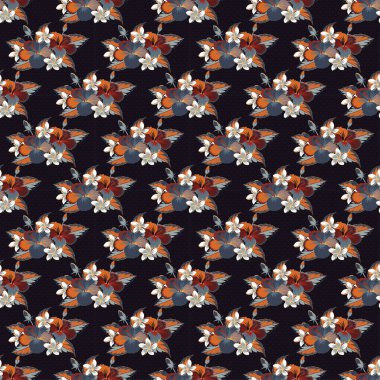 Raster illüstrasyonu. Hawaii Aloha Tişörtünün pürüzsüz deseni gri, mavi ve turuncu renklerde..