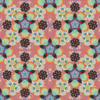 Kahverengi, gri ve pembe renkli çiçek açan ipek eşarp. Retro tekstil tasarım koleksiyonu. Sonbahar renkleri. 1950-1960 motifleri. El çizimi çiçek elementleriyle soyut, dikişsiz raster deseni..