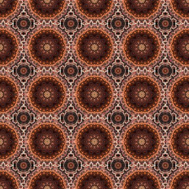 Kusursuz vektör arkaplanı. Arap tarzında soyut bir model. Siyah arka planda kahverengi, kırmızı ve turuncu doku. Grafiksel modern desen.
