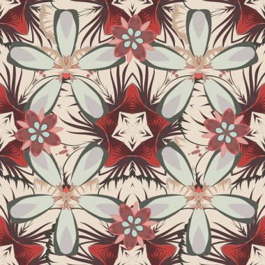 Soyut çiçeklerin bej, gri ve kahverengi renklerde kusursuz deseni. Stock vektör illüstrasyonu. Klasik stil.