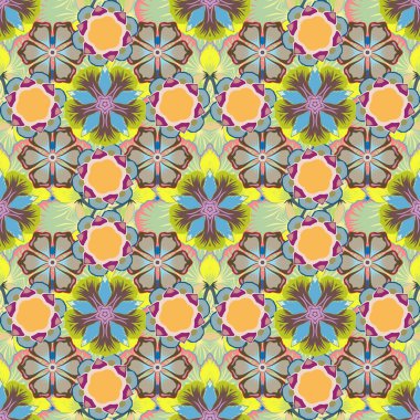 Klasik sarı, kahverengi ve mavi dikişsiz desen, soyut brokar kumaş deseni, kumaş, baskı veya ambalaj kağıdı için karışık stilize elementler..