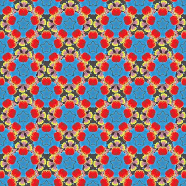 Kesişen kıvrımlı zarif stilize yapraklar ve parşömenler soyut bir çiçek süsü oluşturuyorlar. Arabesk. Kırmızı, mavi ve kahverengi renklerde klasik soyut çiçek desenleri.