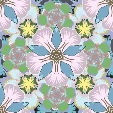 Vektör çizimi. Gri, yeşil ve mavi renklerde yapraklar ve tropikal çiçeklerle kusursuz arkaplan deseni.