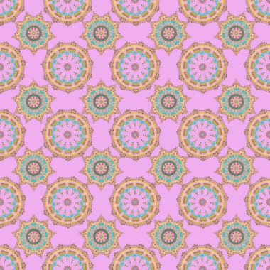 Çok renkli eski süslemeli vektör kare kompozisyonu. Pembe arka planda çok renkli ızgaraya sahip pürüzsüz desen.