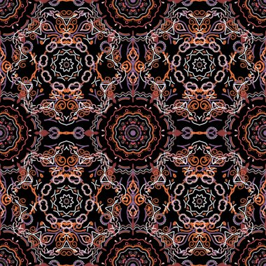 Kusursuz bir arka plan. Renkli desenler antika. Siyah arkaplanda kırmızı renkli çiçek süsü.