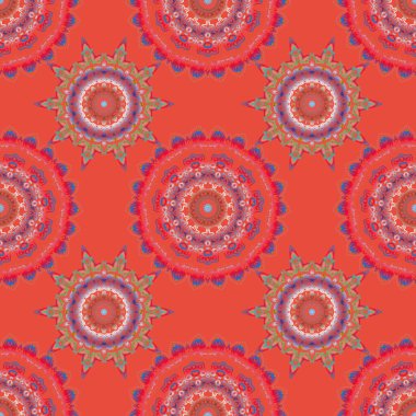 Turuncu arka planda çok renkli ızgarası olan kusursuz bir desen. Çoklu renkli vintage süslemeli vektör kare bileşimi.