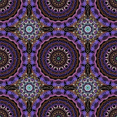 Doğulu, çiçekli bir süs. Halılar, tekstil, duvar kağıtları ve herhangi bir yüzey için şablonlar. Siyah bir arkaplanda çok renkli süslemenin vektörsüz deseni.