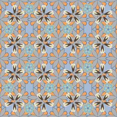 Kusursuz desenli mavi, gri ve sarı renkli küçük çiçekler. Küçük, soyut çiçeklerin içinde sevimli bir çiçek deseni..