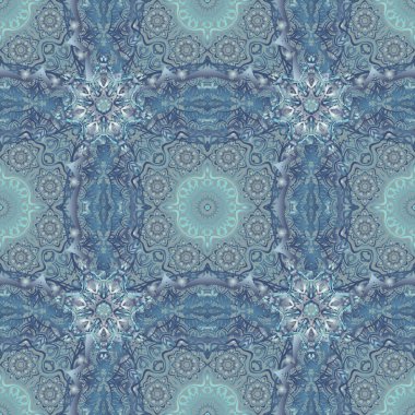 Vektörsüz damaske deseni, klasik duvar kağıdı, arka plan. Gri, yeşil ve mavi renklerde süslü konuşmalar..