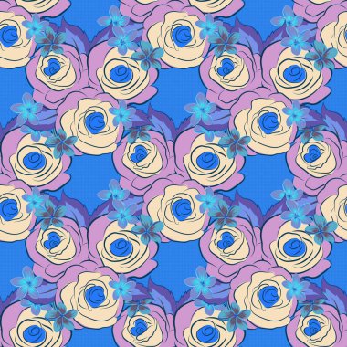 Tatlı gül çiçekleriyle kusursuz çiçek desenleri ve bej ve mavi yapraklar. Raster illüstrasyonu.