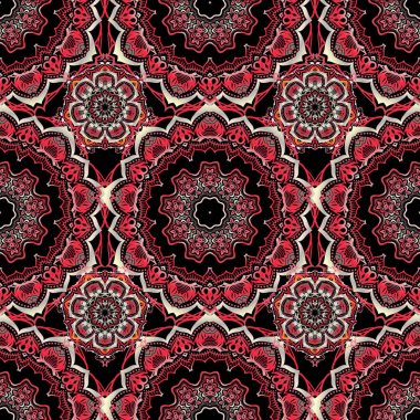 Vektör çizimi. Ikat damaske desensiz arkaplan fayansı. Kahverengi, pembe ve kırmızı renklerle.