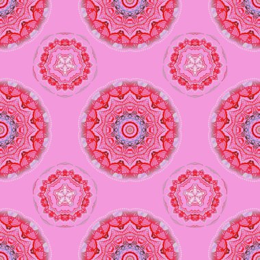 Vektör çizimi. Tasarım, tekstil veya kumaş için pembe ve kırmızı renklerde vektörsüz desen.