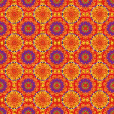 Kesik kağıt dantel dokusu, vektör tül arka plan, kırmızı, mor ve sarı renklerde girintisiz desen. Vektör illüstrasyonu.