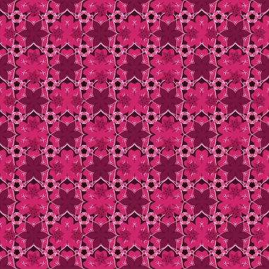 Eflatun, mor ve pembe desenli kusursuz desen, geçmişe dönük tasarım için. Duvar kağıtları, tekstil, kumaş, ambalaj kağıdı, ambalaj kutusu vs. için evrensel vektör deseni. Eski model.