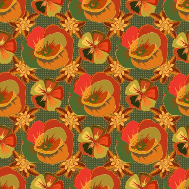 Sarı, turuncu ve yeşil gelincikli, renksiz çiçek deseni..