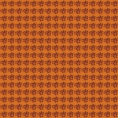 Yeşil, turuncu ve kahverengi renkli oldukça küçük çiçeklerle el çizimi parlak, pürüzsüz çiçek deseni. Kumaş, tekstil, duvar kâğıdı ve ambalaj için zarif bir retro süs. Raster illüstrasyonu.