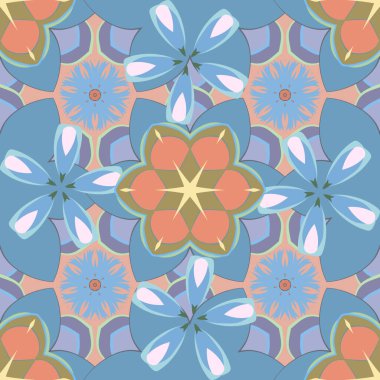 Dekoratif yaz çiçeklerinin turuncu, mavi ve bej renkleriyle kusursuz desen, suluboya vektör çizimi.