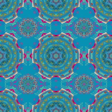 Mavili, sarı ve kırmızı renklerde Victoria tarzı dekoratif arka plan. Vektör çizimi. Kusursuz damaske deseni.