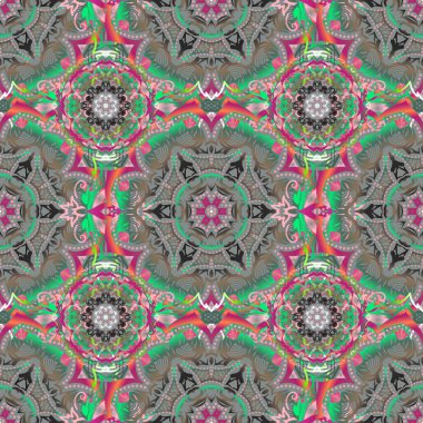 Zarif yeşil ve gri desenli ve Mandala elementli. El çizimi güzel bir vektör çizimi.