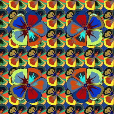 Retro tekstil tasarım koleksiyonu. Sonbahar renkleri. El çizimi çiçek unsurları olan soyut, pürüzsüz vektör deseni. Kozmos çiçekli ipek eşarp mavi, sarı ve gri renklerde. 1950 'ler-1960' lar motifleri.