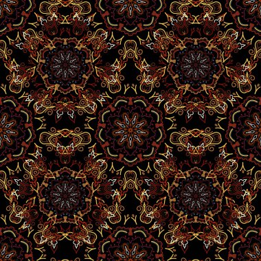 Bayram Şükran Günü için pürüzsüz bir desen, kırmızı, sarı ve kahverengi renklerle siyah zemin üzerine elle çizilmiş basit bir kış tasarımı..